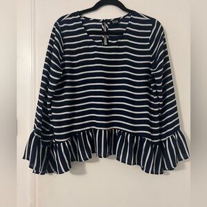 Navy and White Striped Blouse with Ruffle Detail (M124)